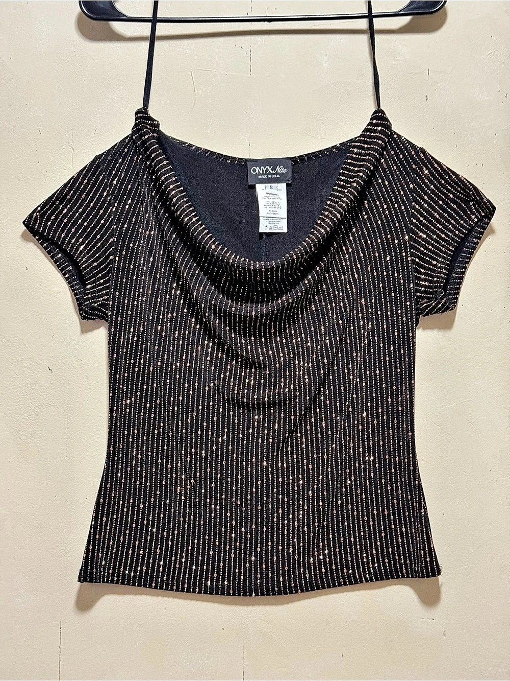 Vtg ONYX Nite Whimsigoth Drape Neck Crop Top in Black & Copper Size S